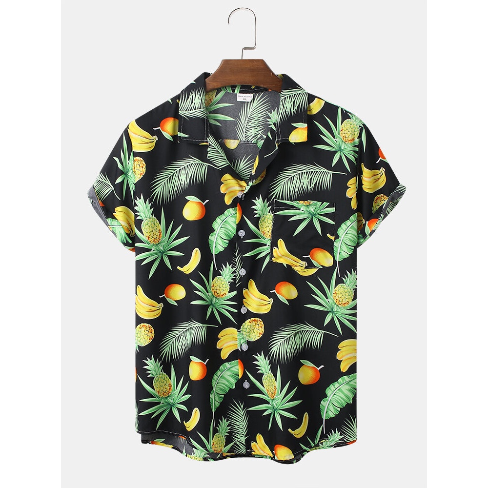 Mens Cotton Cartoon Fruit Print Revere Collar Short Sleeve Shirt - Green XL