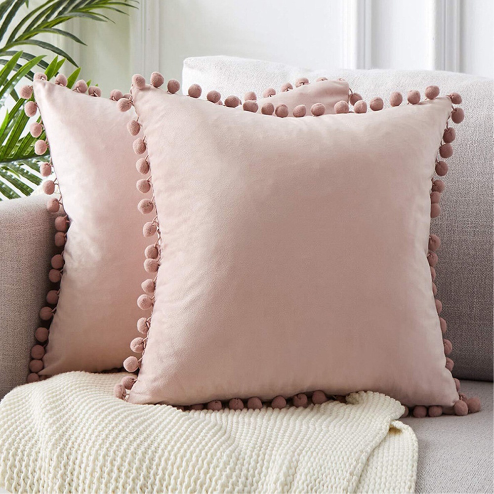 45*45cm Soft Velvet Pillow Covers Cute Pom Poms Throw Pillow Covers Square Cushion Case for Sofa Couch Home Decor - Grey - Image 2