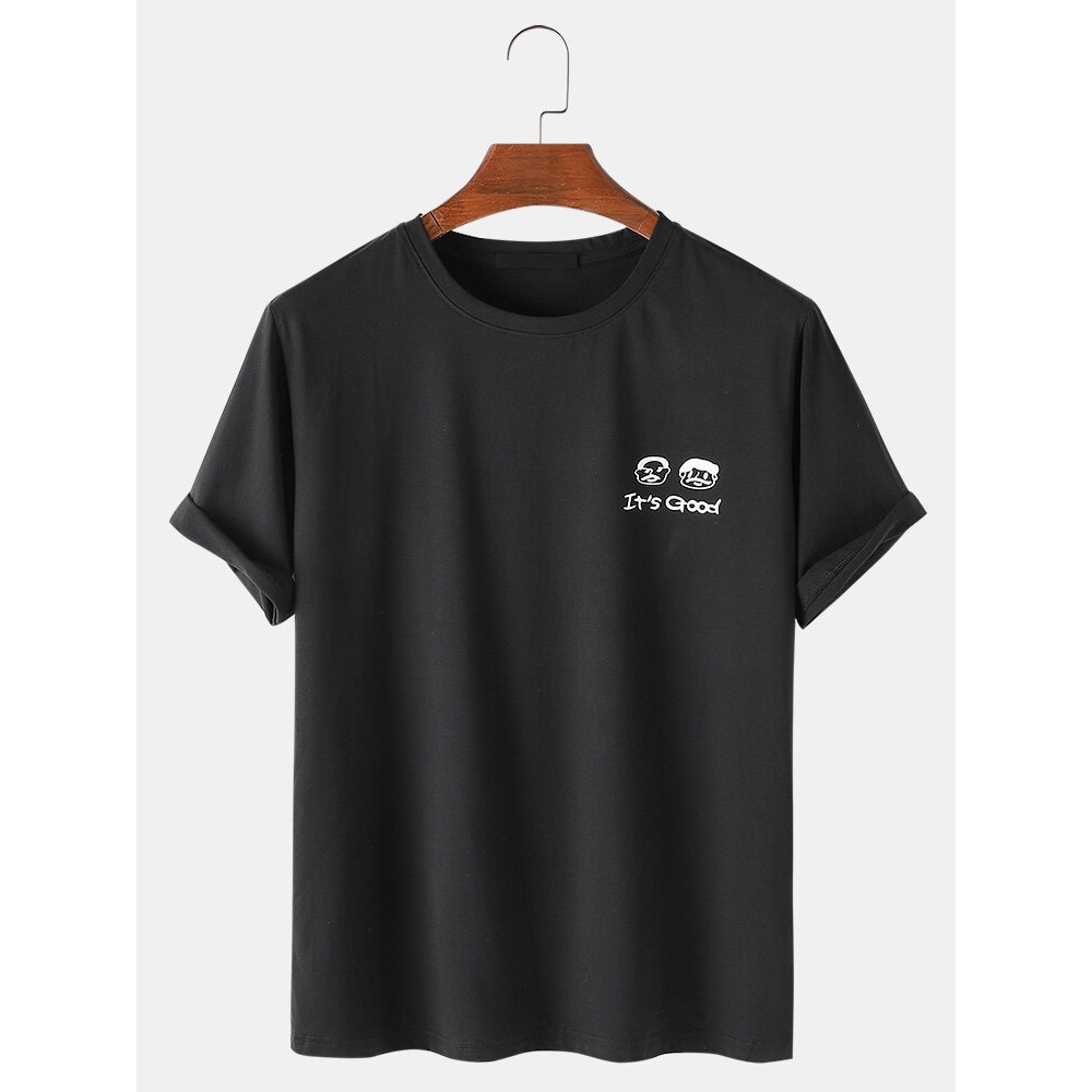 Mens Cotton Cartoon Character Plain Loose Light Casual Round Neck T-Shirts - White L