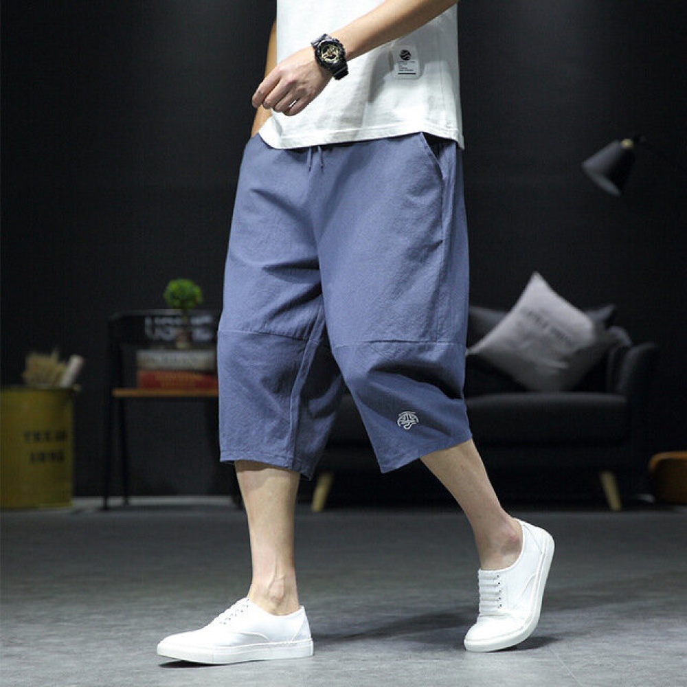 Seasonal Linen 7 Pants Male Tide Plus Fertilizer XL Fat Loose Wide Leg Pants Men's Chinese Style Men's Shorts - 2XL Lake Blue