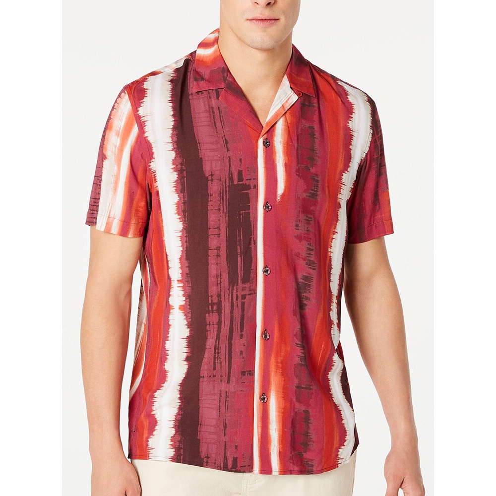 Mens New Fashion Casual Striped Turn Down Collar Short Sleeve Shirts - Yellow M