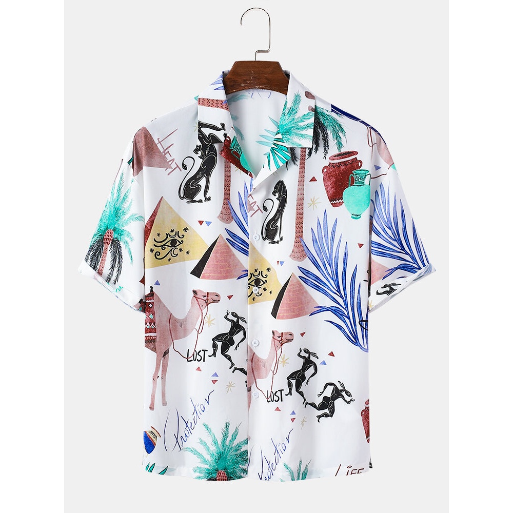 Mens Cartoon Animal Print Revere Collar Short Sleeve Shirt - Green S