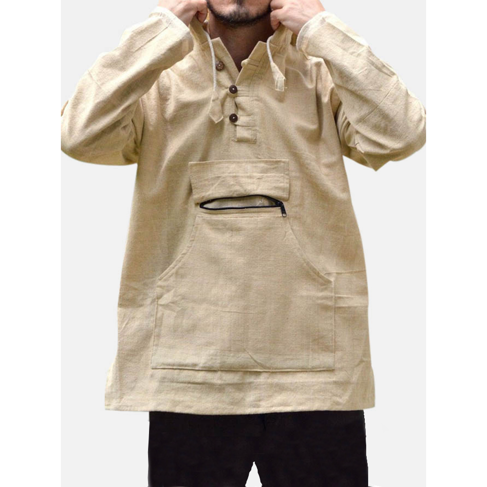 Mens 100% Cotton Long Sleeve Solid Color Hooded Shirts - 3XL Beige