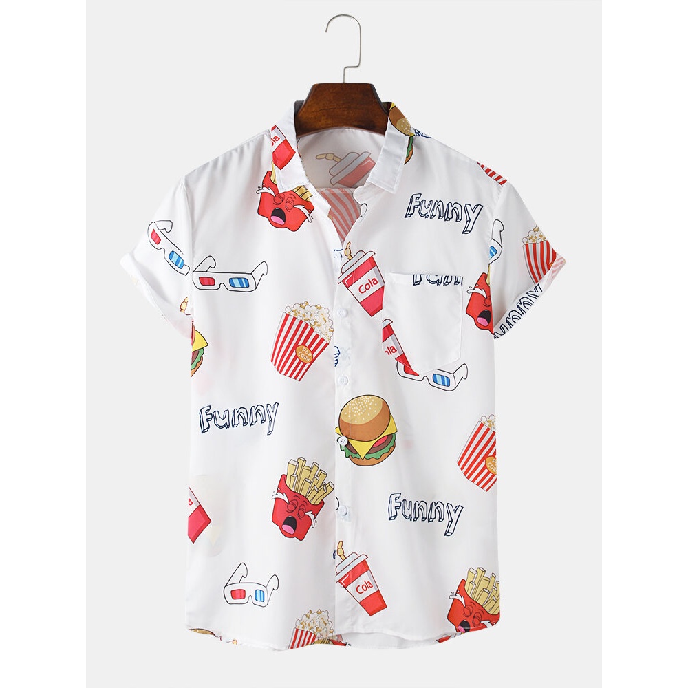 Mens Cartoon Fast Food Print Casual Short Sleeve Pocket White Shirts - White L