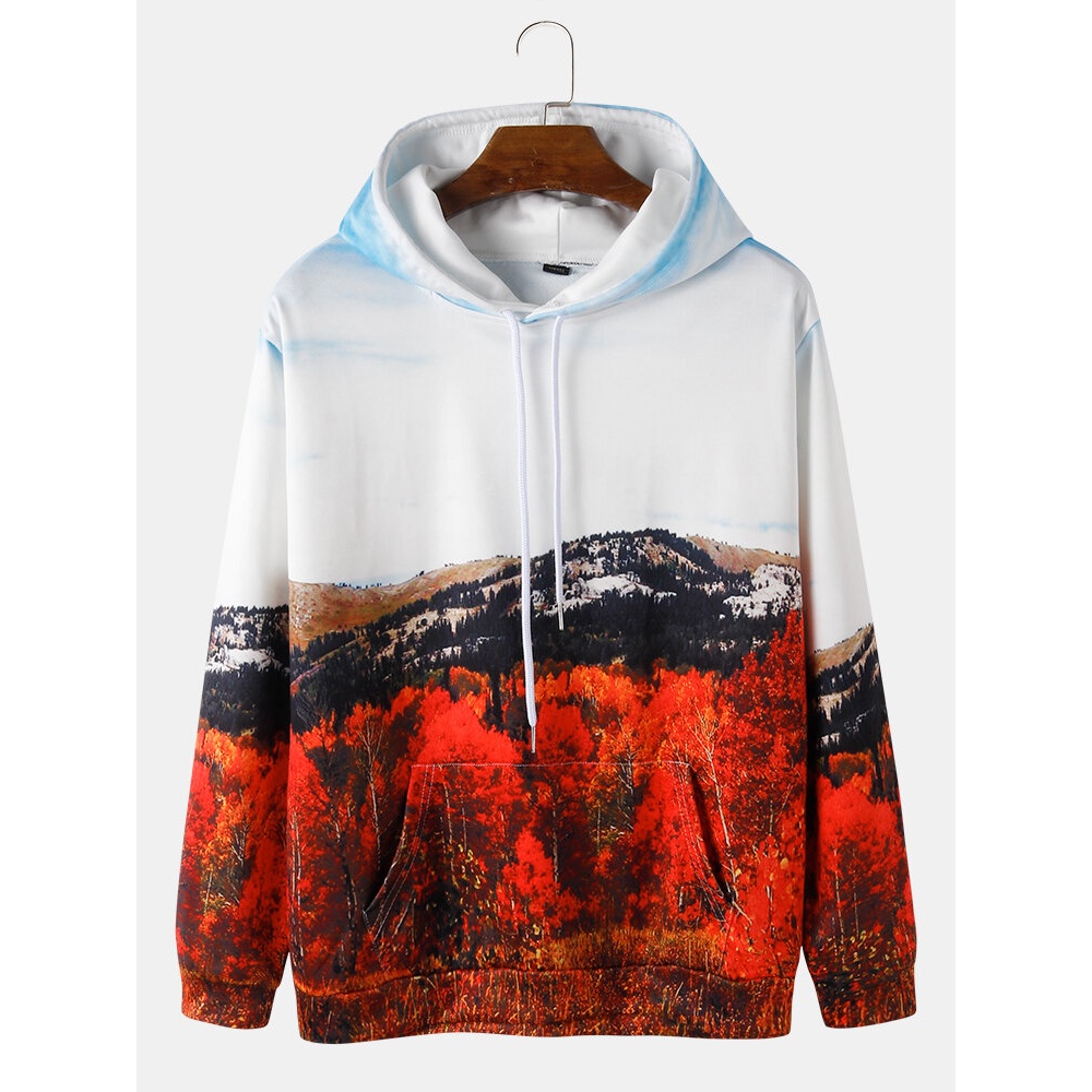 Mens Forest Scenery Print Drawstring Overhead Hoodies With Pouch Pocket - White L