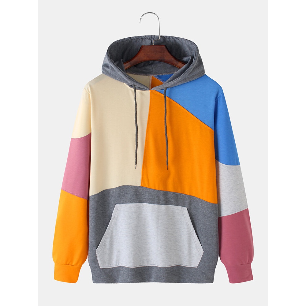 Colorful Patchwork Solid Color Kangaroo Pocket Long Sleeve Hoodies For Men - Khaki L