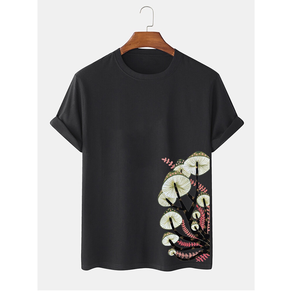 Mens 100% Cotton Mushroom Side Print O-Neck Short Sleeve T-Shirt - Black M
