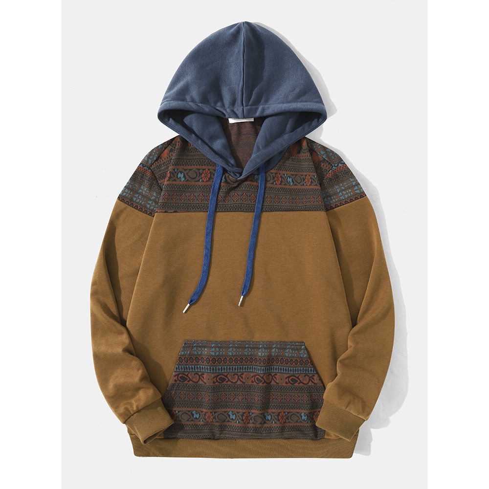 Men Ethnic Patchwork Pattern Contrast Kangaroo Pocket Hooded Sweatshirt - Coffee S