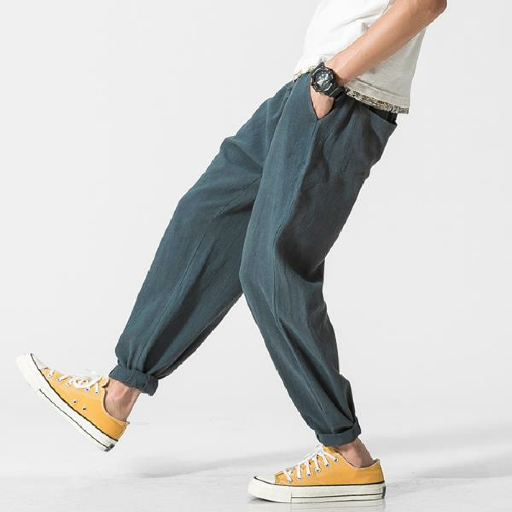 Men's Summer Loose Cotton Linen Pants Small Feet Thin Breathable Haren Slacks - S Green&Grey - Image 2