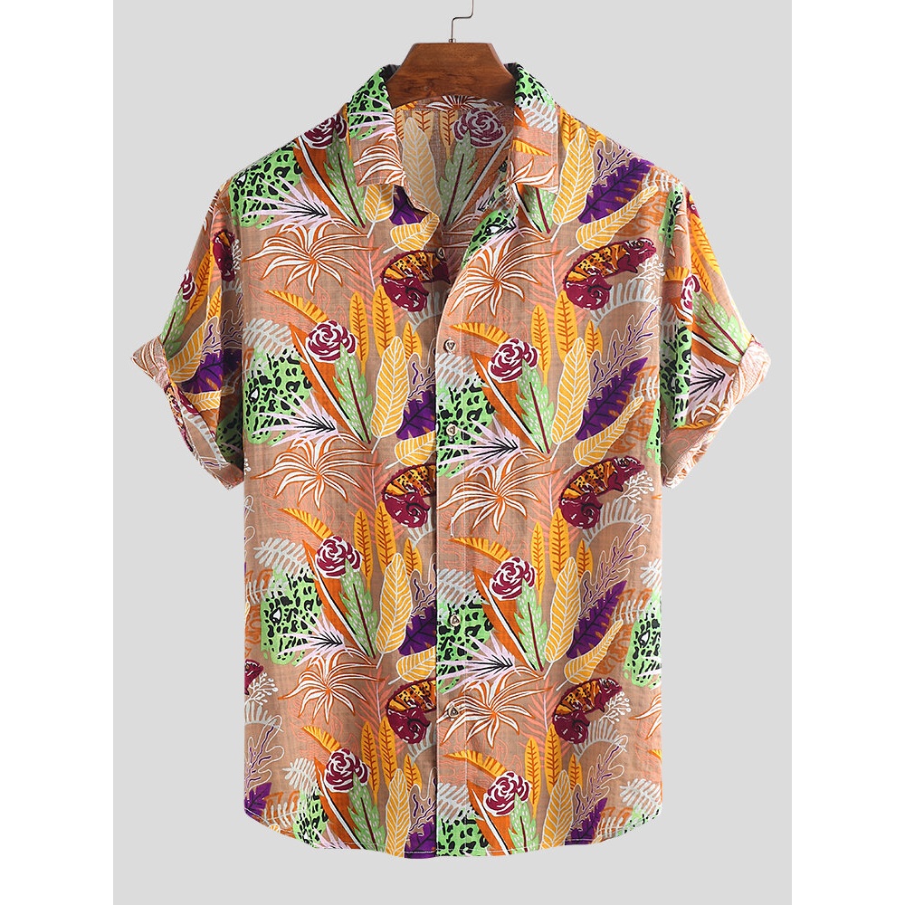 Men Hawaiian Colorful Leaf Printed Short Sleeve Loose Shirts - 2XL Blue