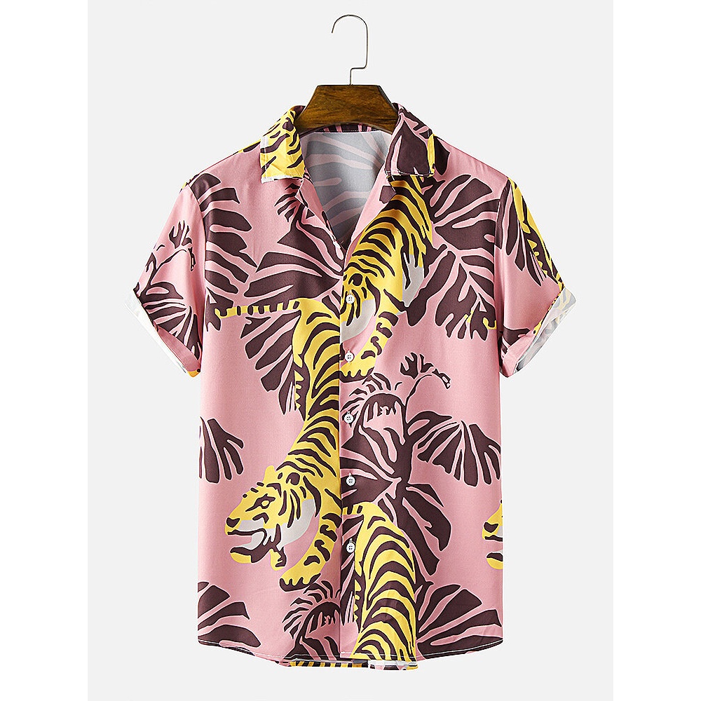 Mens Tiger Print Revere Collar Short Sleeve Shirt - Pink S