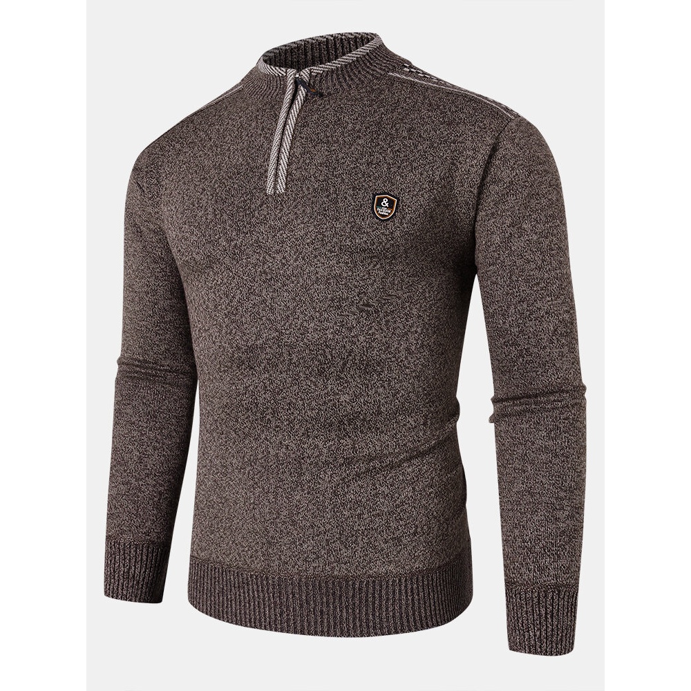 Mens Applique Half Zipped Front Pullover Knitted Sweaters - Dark Grey M