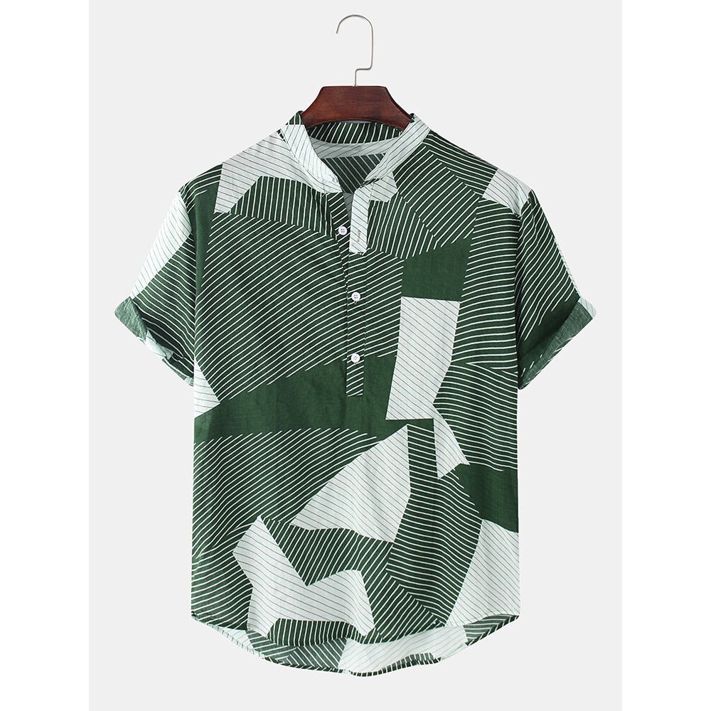 Cotton Designer Stripe Stand Collar Short Sleeve Mens Casual Henley Shirts - Green XL