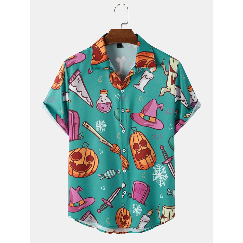 Mens Pumpkin  Cartoon Casual Shirts - Lake Blue S