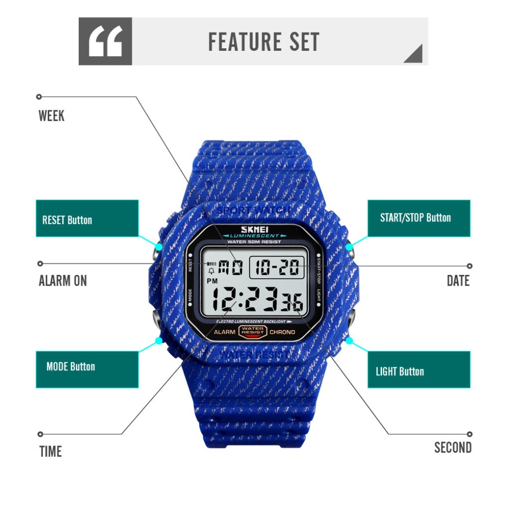 SKMEI Outdoor Sport Men Digital Watch 50M Waterproof Alarm Clock Fashion Watches -Denim Blue - Image 3