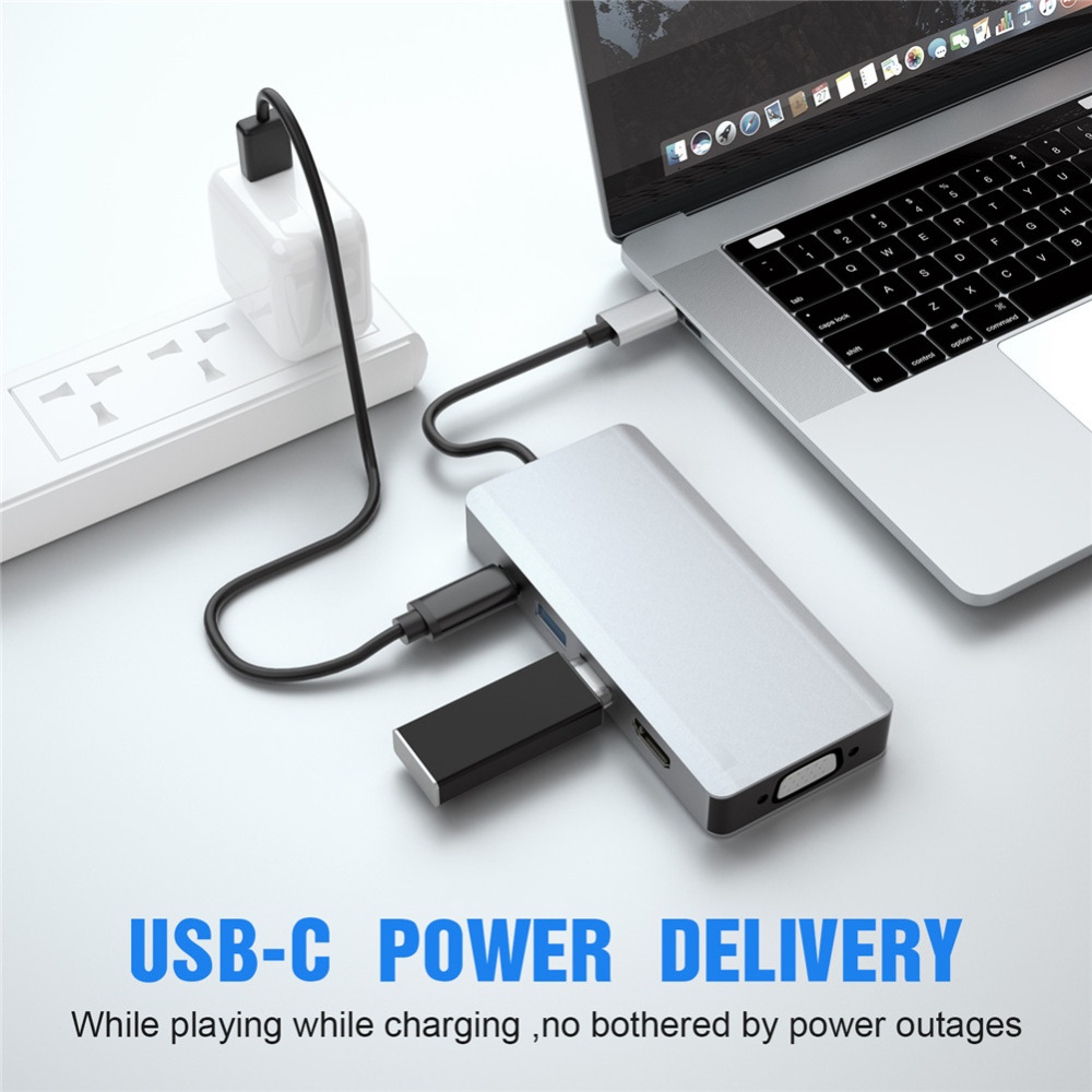 5 in 1 Docking Station USB 3.1 PD Charging/VGA/USB3.0*2/HDMI 2K/4K Multifunction Adapter Converter Silver - Image 4