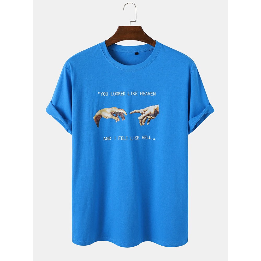 Mens Hands Slogan Print 100% Cotton Casual Loose Short Sleeve T-Shirt - Navy L