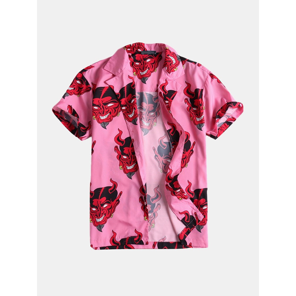 Men Devil Print Relaxed Short Sleeve Revere Shirts - Pink S