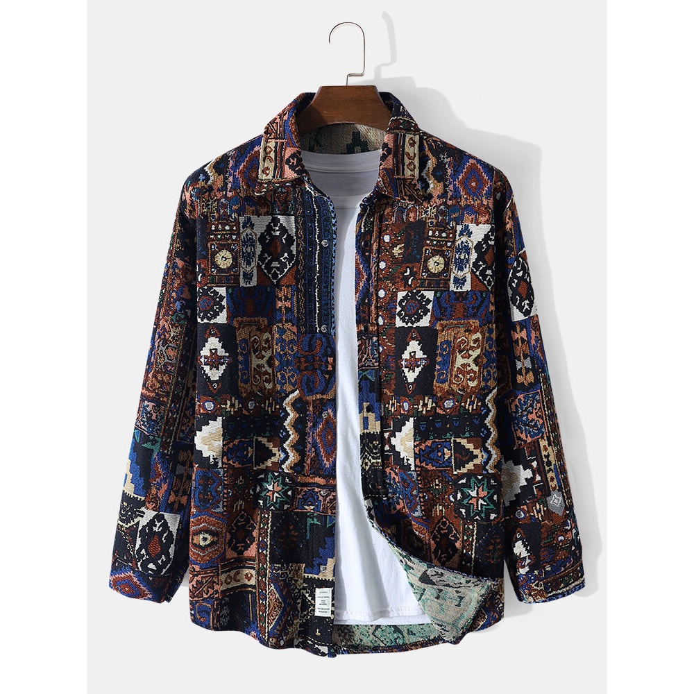 Men Vintage Tribal Pattern Applique Pocket Long Sleeve Shirts - Multicolor M