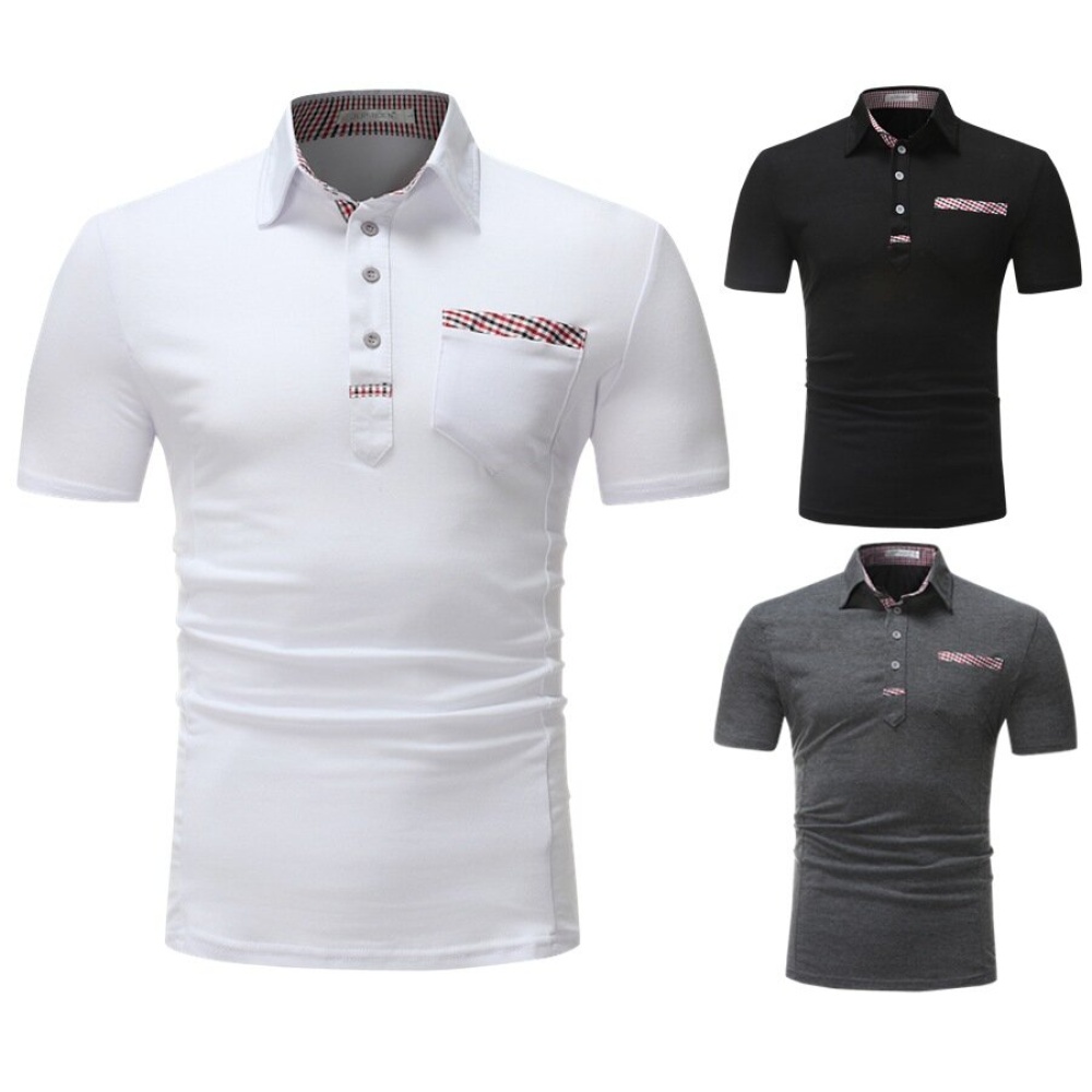 Outdoor Men's Plaid Stitching Lapel Short-sleeved T-shirt Large Size Business Leisure Clothing - Black XL