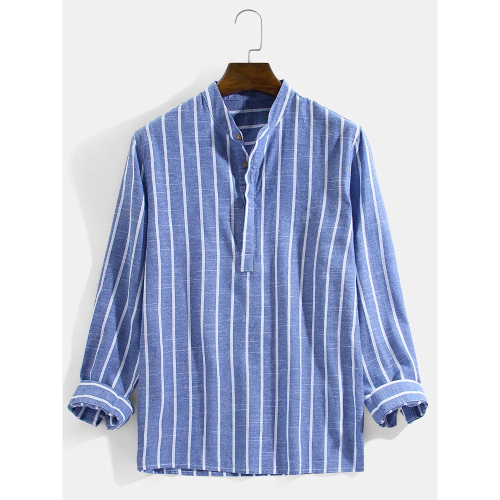 Mens Vertical Striped Stand Collar Cotton Casual Long Sleeve Henley Shirts - White S