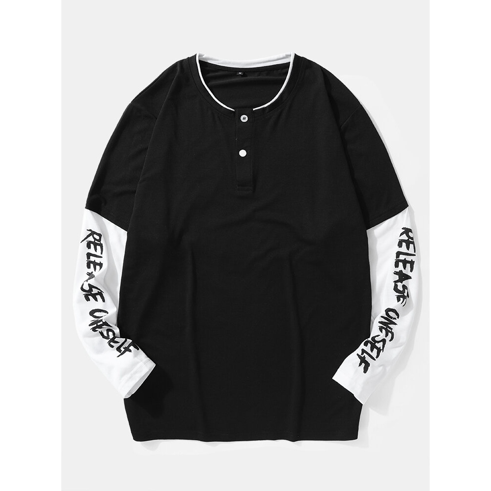 Mens Spliced Decorative Button Letter Black T-Shirt - Black S