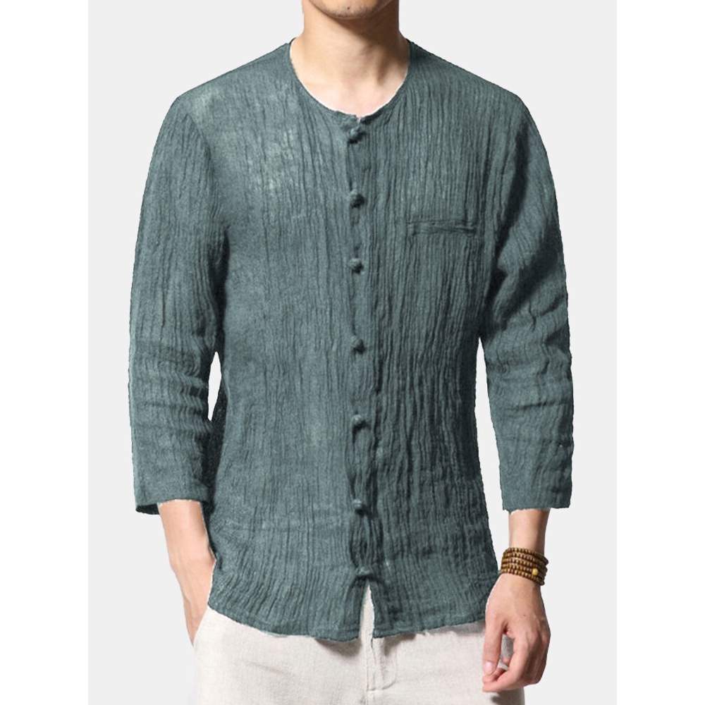 INCERUN Vintage Chinese Button O-neck 3/4 Sleeve Casual Thin Shirts Tops for Men - S Coffee