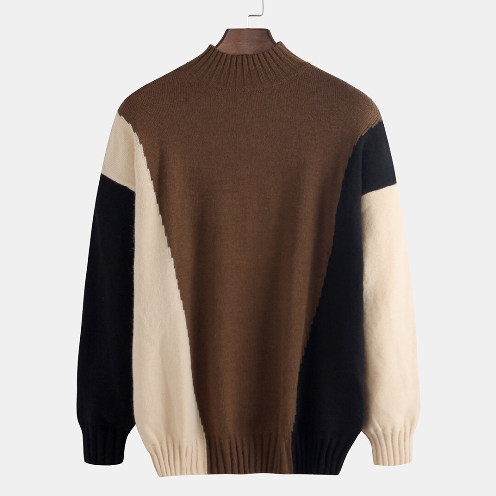 Men's New Casual Hong Kong Style Stitching Hit Color Loose Sweaters - M Coffee