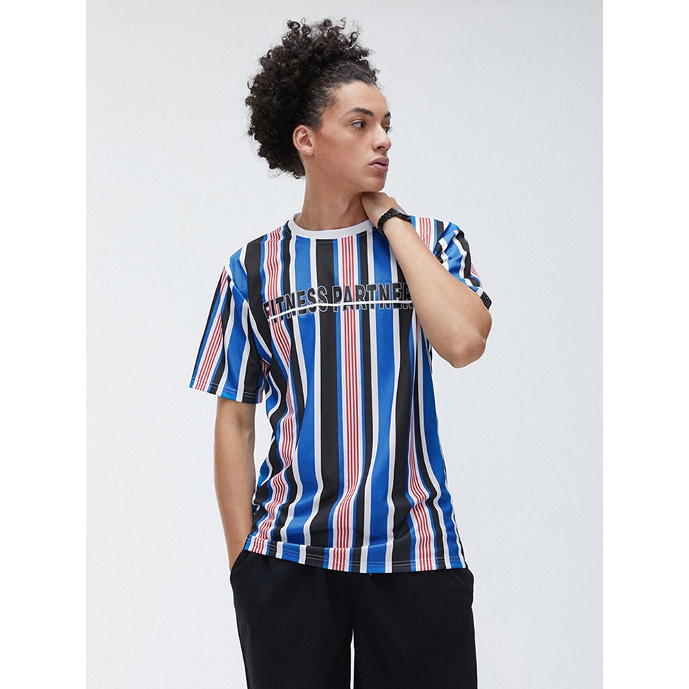 Men Multicolor Striped Letter Print Breathable Crew Neck Sport Short Sleeve T-Shirts - Red L