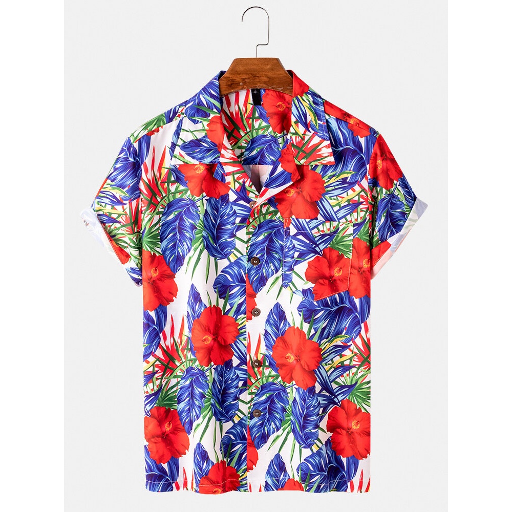 Holiday Style Mens Floral Print Revere Collar Short Sleeve Shirts - White M