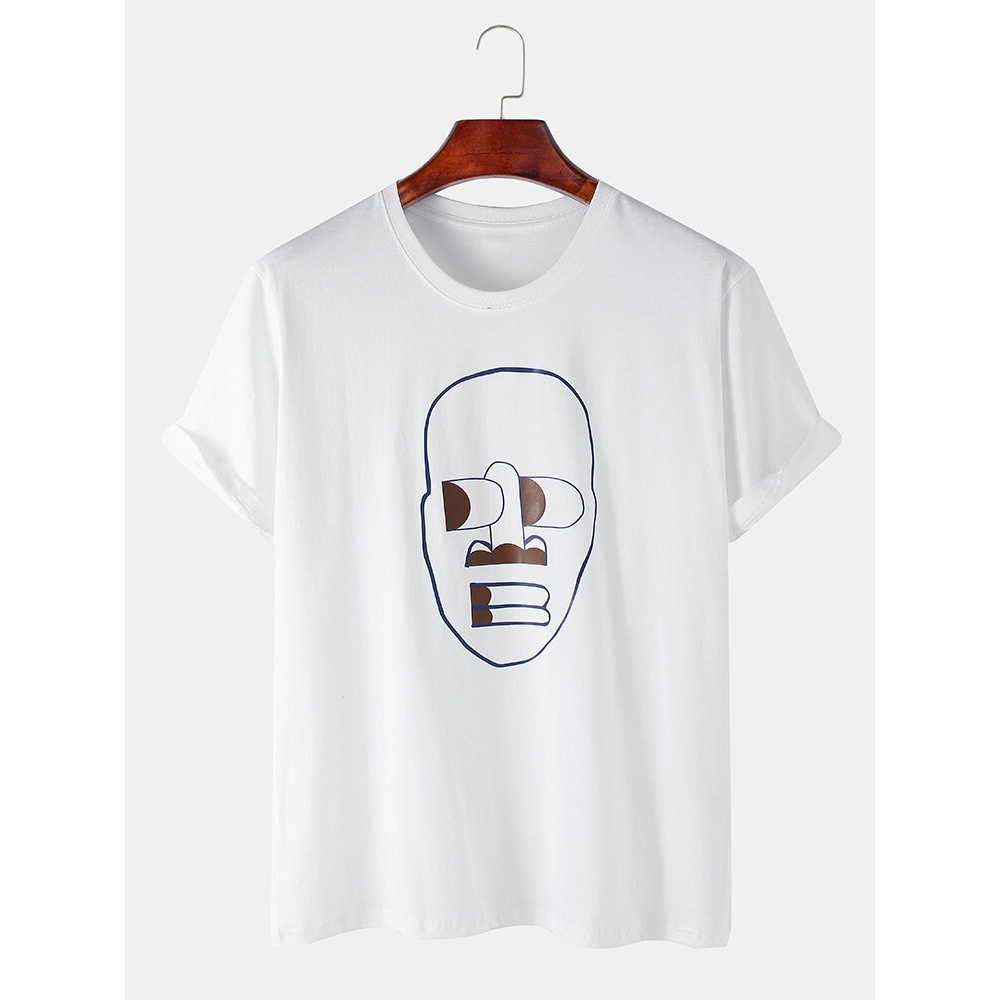 Breathable Cotton Funny Face Print Round Neck Short Sleeve T-Shirts - White S