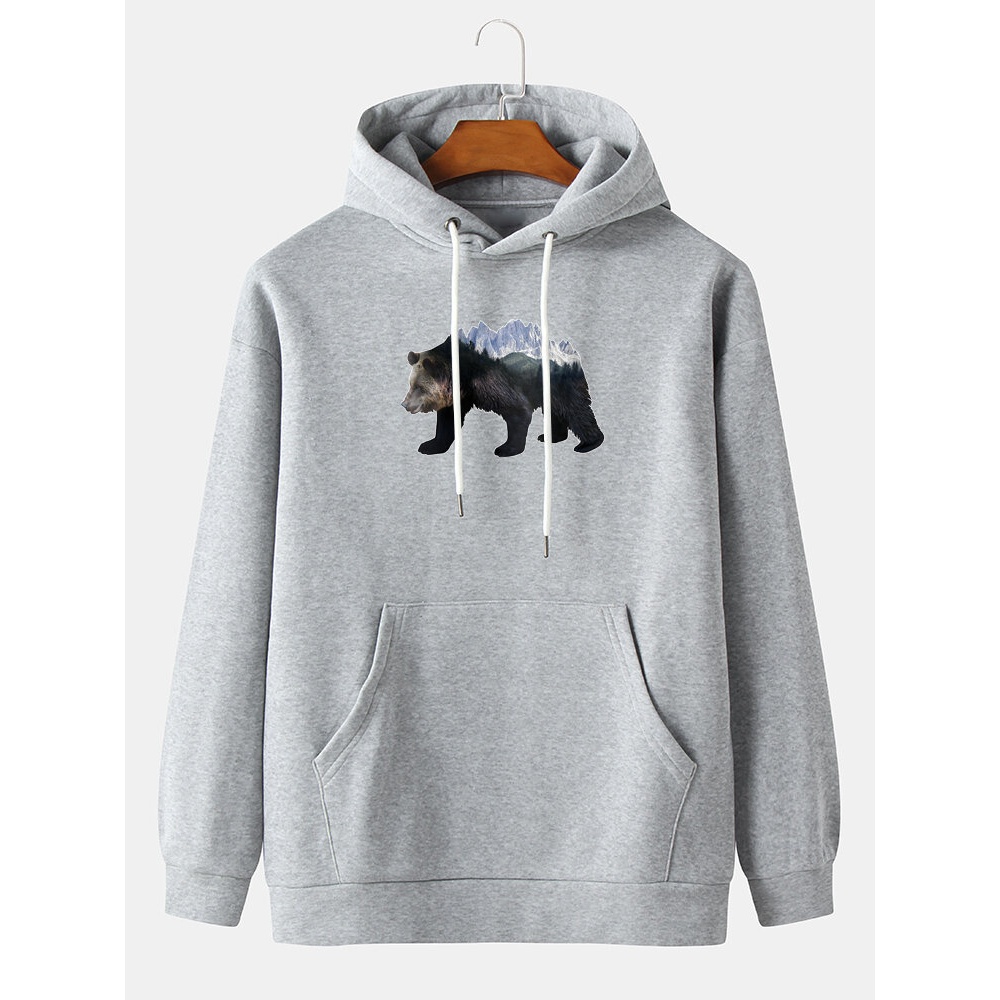 Mens Bear Print Drop Shoulder Long Sleeve Hoodies With Kangaroo Pocket - L Yellow