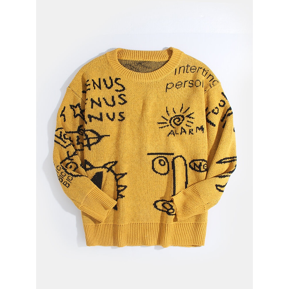 Mens Letter Cartoon Pattern Crew Neck Knit Casual Pullover Sweaters - L Grey