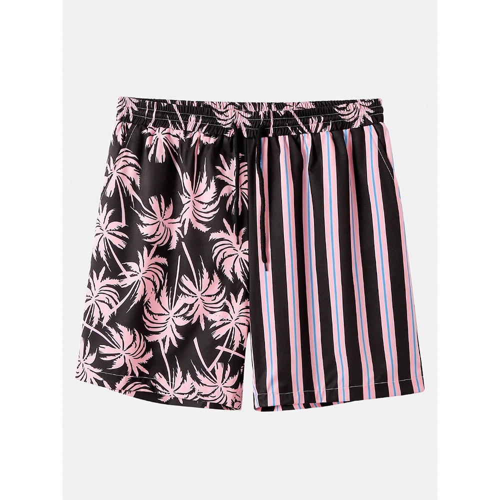 Men Coconut Tree Colorful Stripe Mixed Print Casual Shorts - Light Pink 2XL