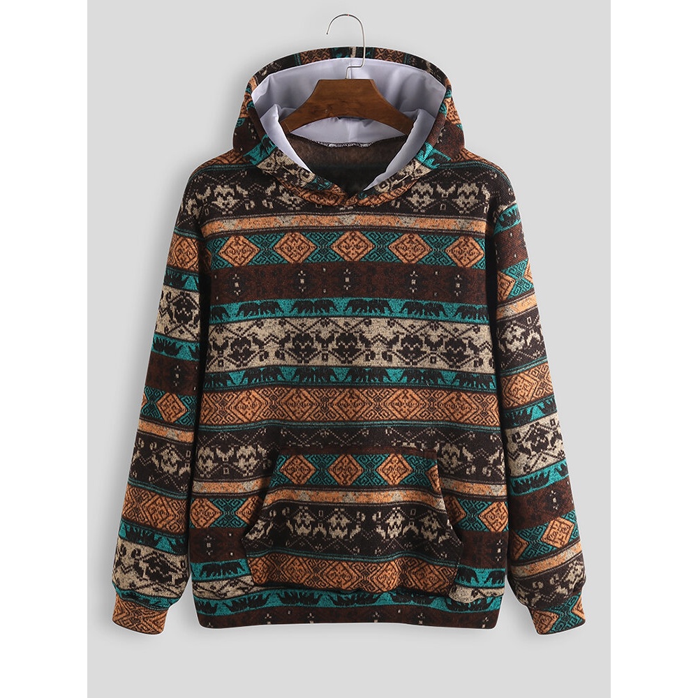 Mens Animal Printed Ethnic Style Casual Pocket Hooded Sweatshirt - 2XL Brown