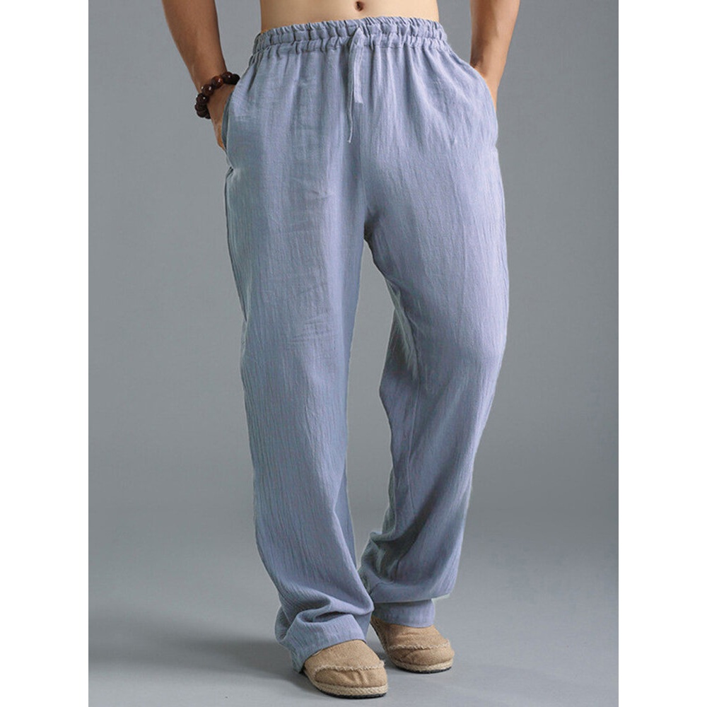 Mens Vintage Casual Baggy Solid Color Drawstring Chinese Style Loose Pants - 5XL Black