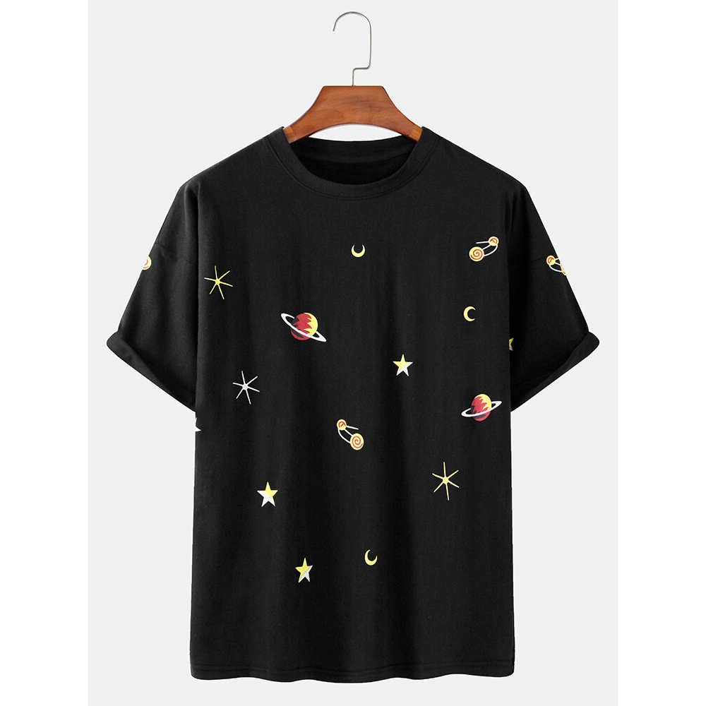 Cotton Galaxy Print Round Neck Casual Short Sleeve T-Shirts - White M