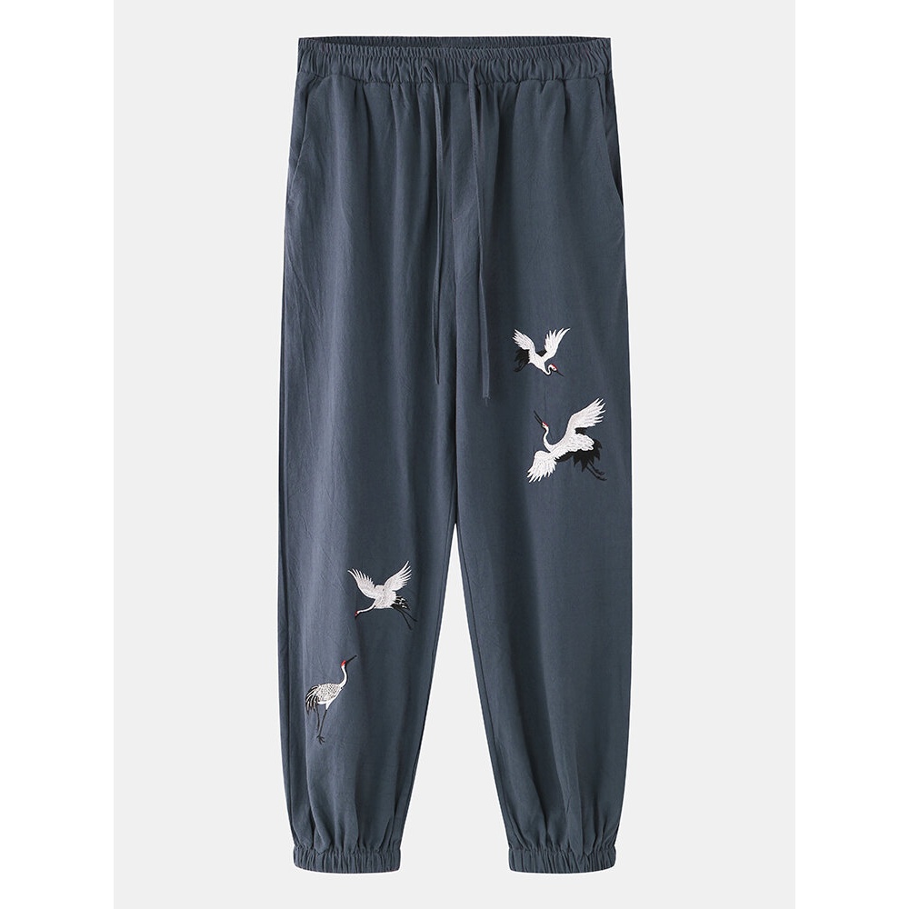 Men Casual White Crane Embroidery Home Harem Pants - S Black