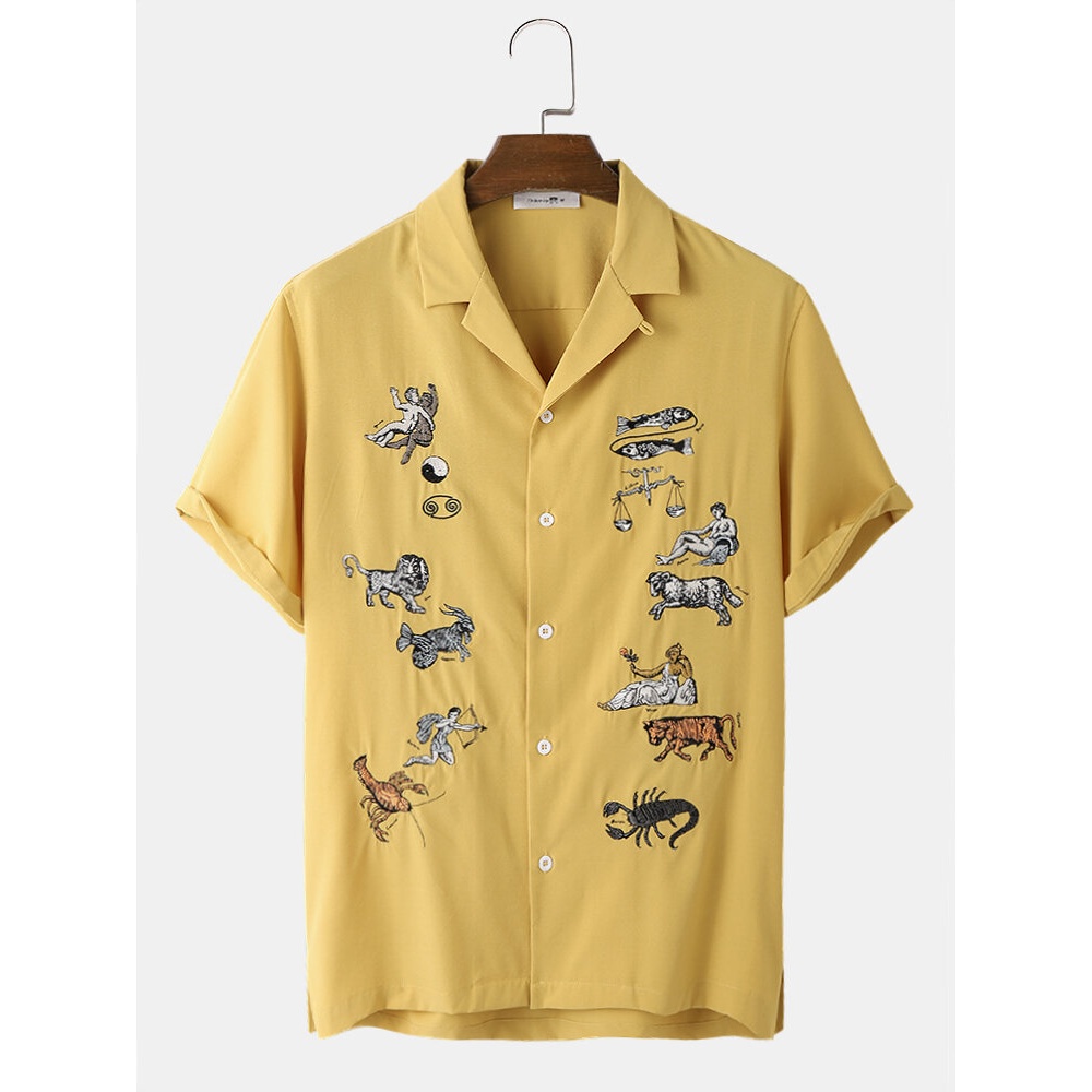 Mens Animal Embroidery Revere Collar Short Sleeve Shirt - Yellow S