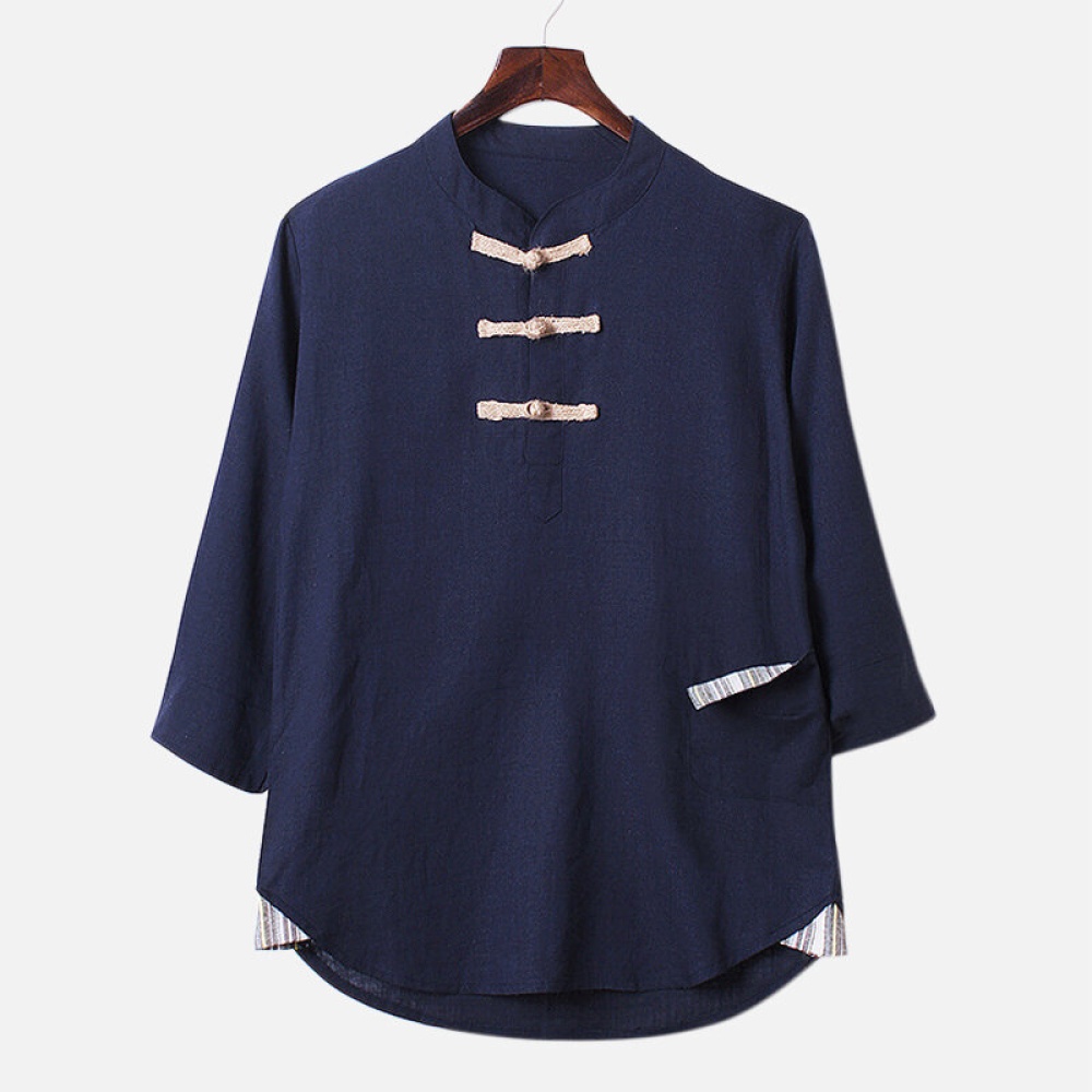 Mens Vintage Traditional Chinese Style Linen Cotton Shirts Loose Tops - M Navy