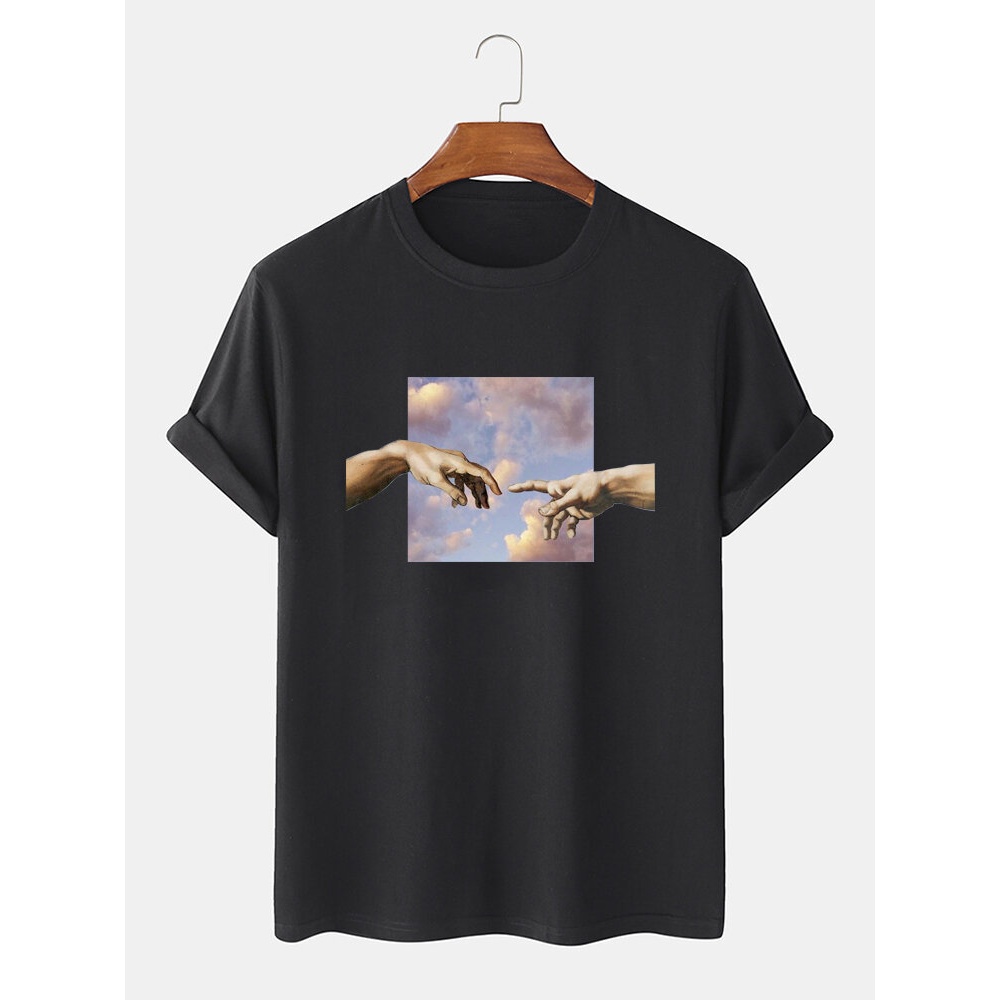 Men 100% Cotton Michelangelo Oil Painting License Casual Short Sleeve T-Shirts - Black M