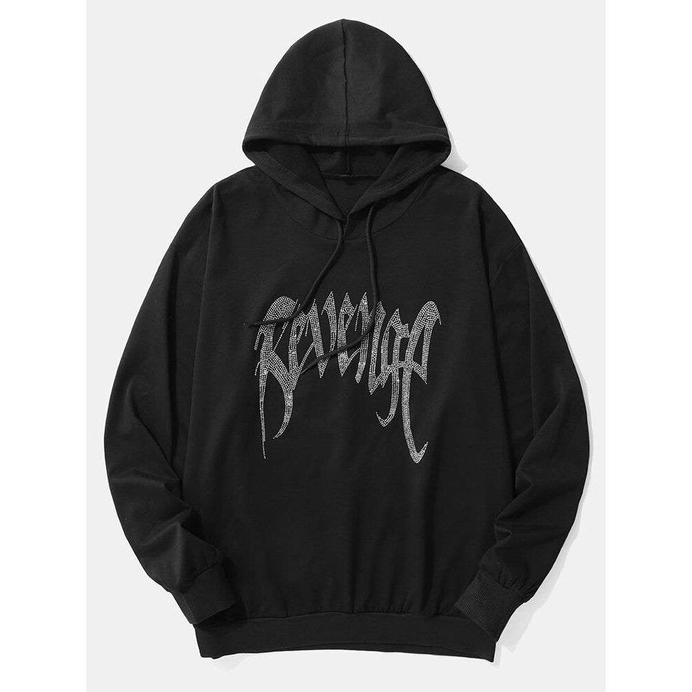 Mens Black Rhinestone Bridle Cuff Peculiar Letter Drawstring Hoodie - Black S