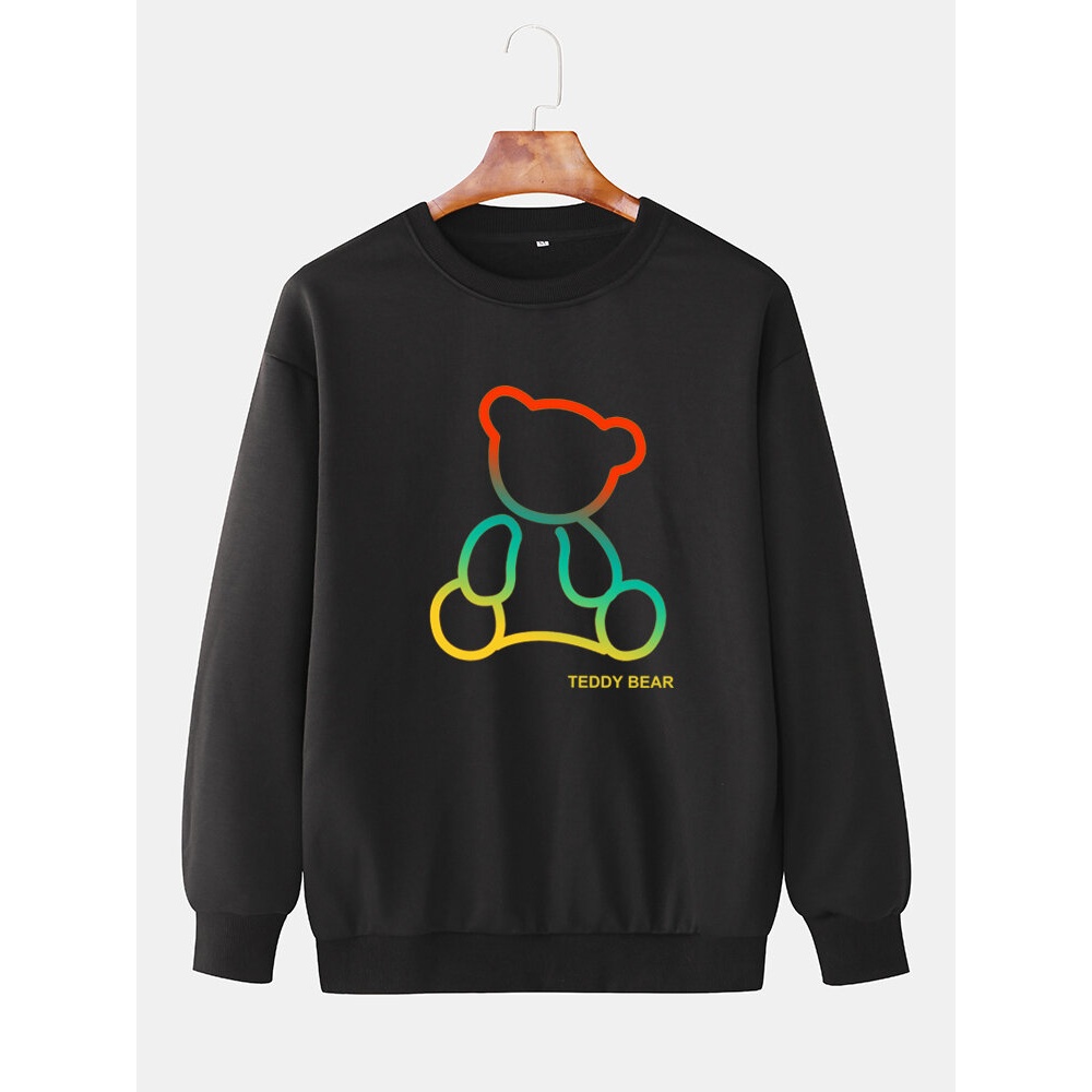 Mens Ombre Teddy Bear Print Round Neck Cotton Pullover Sweatshirts - White L