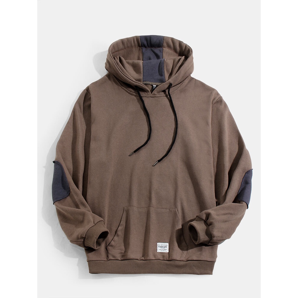 Mens Solid Color Patchwrok Drawstring Hoodies With Pocket - 3XL Khaki