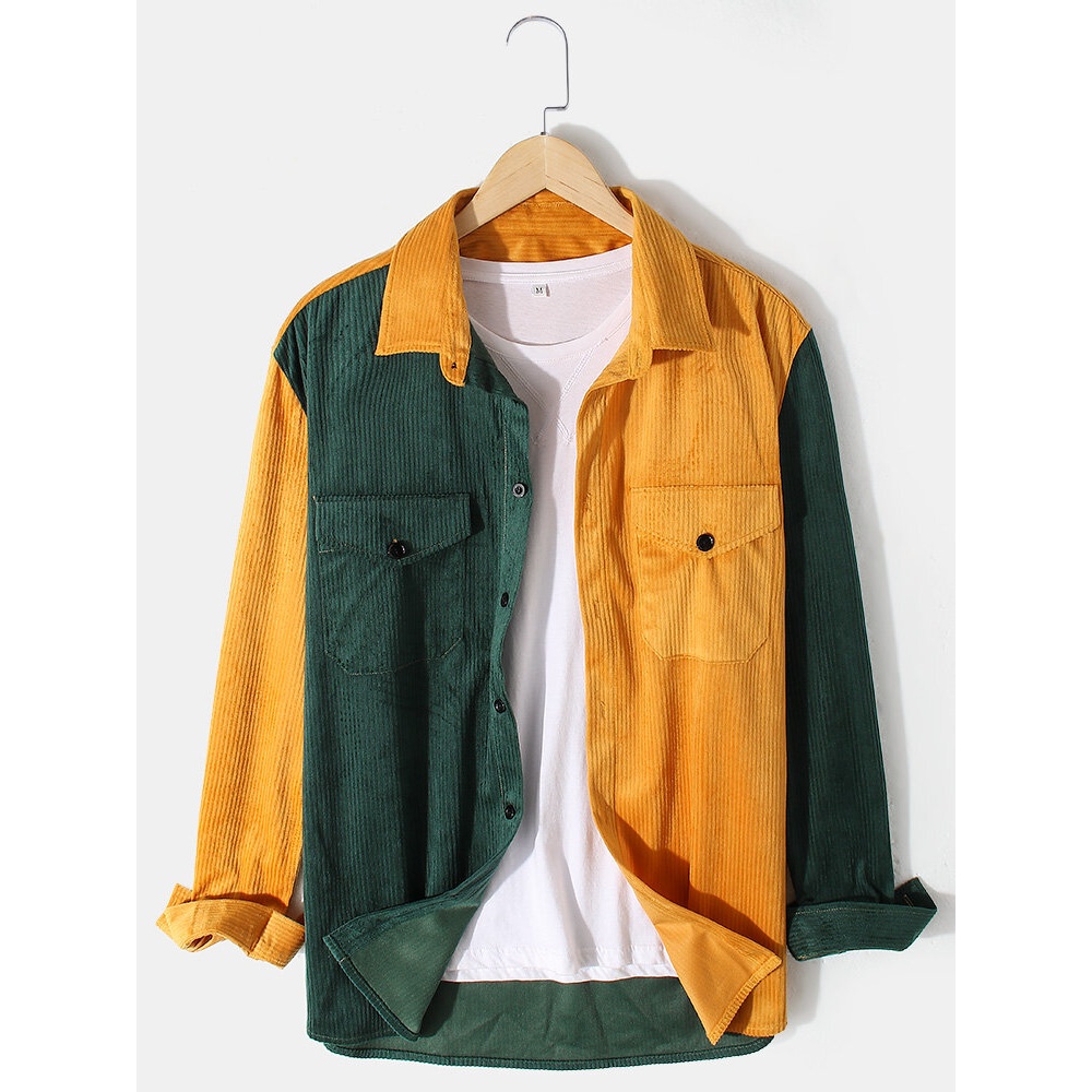 Mens Corduroy Patchwork Lapel Long Sleeve Design Shirts With Double Pocket - Green S
