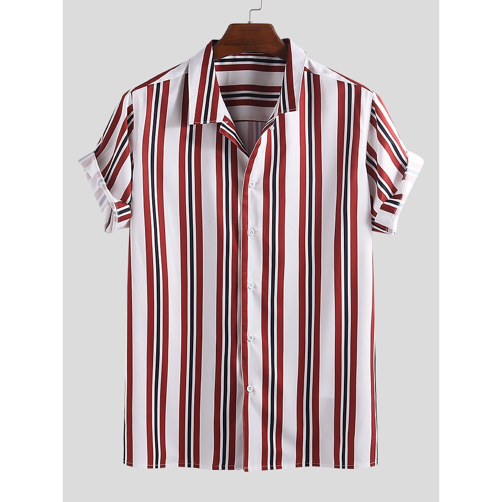 Mens Classic Striped Summer Short Sleeve Loose Comfy Shirts - 2XL Red