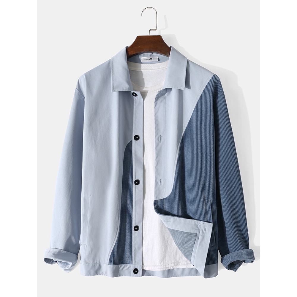 Men Corduroy Colorblock Pattern Print Long Sleeve Casual Shirts - Light Blue S