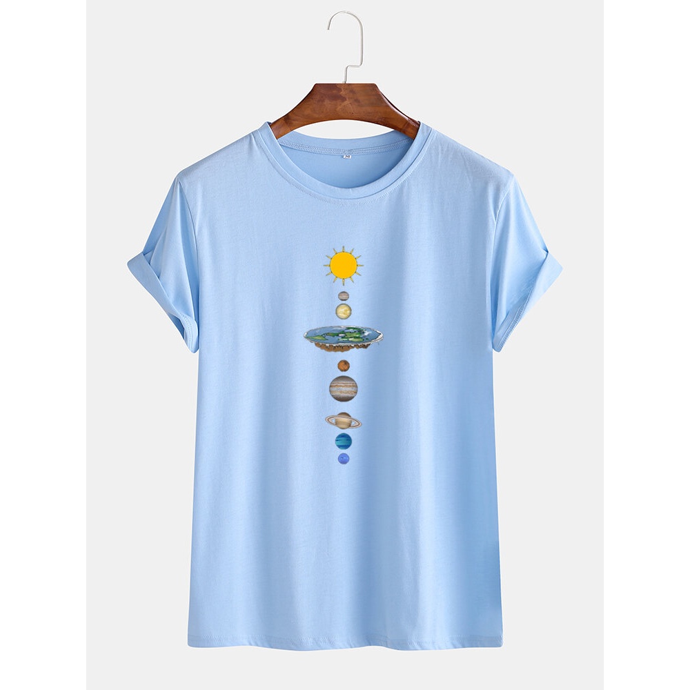 Mens Planet Print Round Neck Casual Short Sleeve T-Shirts - Black S