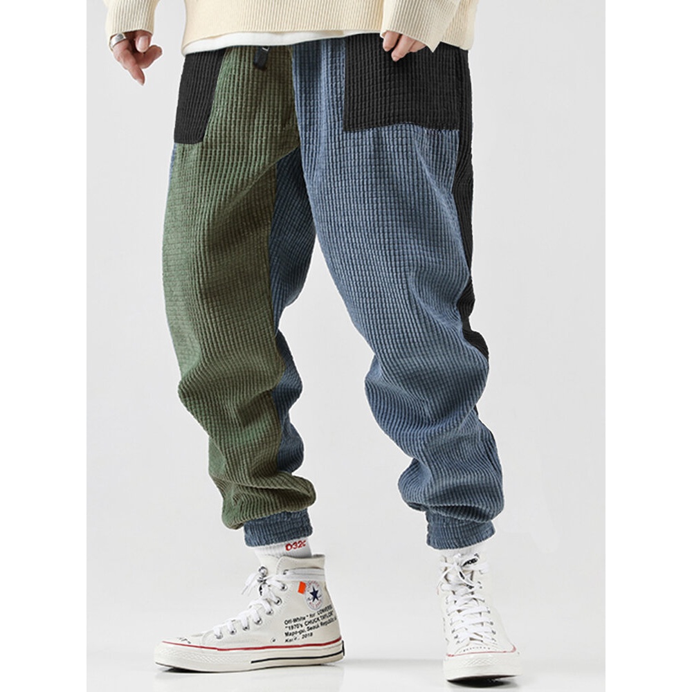 Mens Patchwork Corduroy Drawstring Casual Jogger Pants With Pocket - Blue S