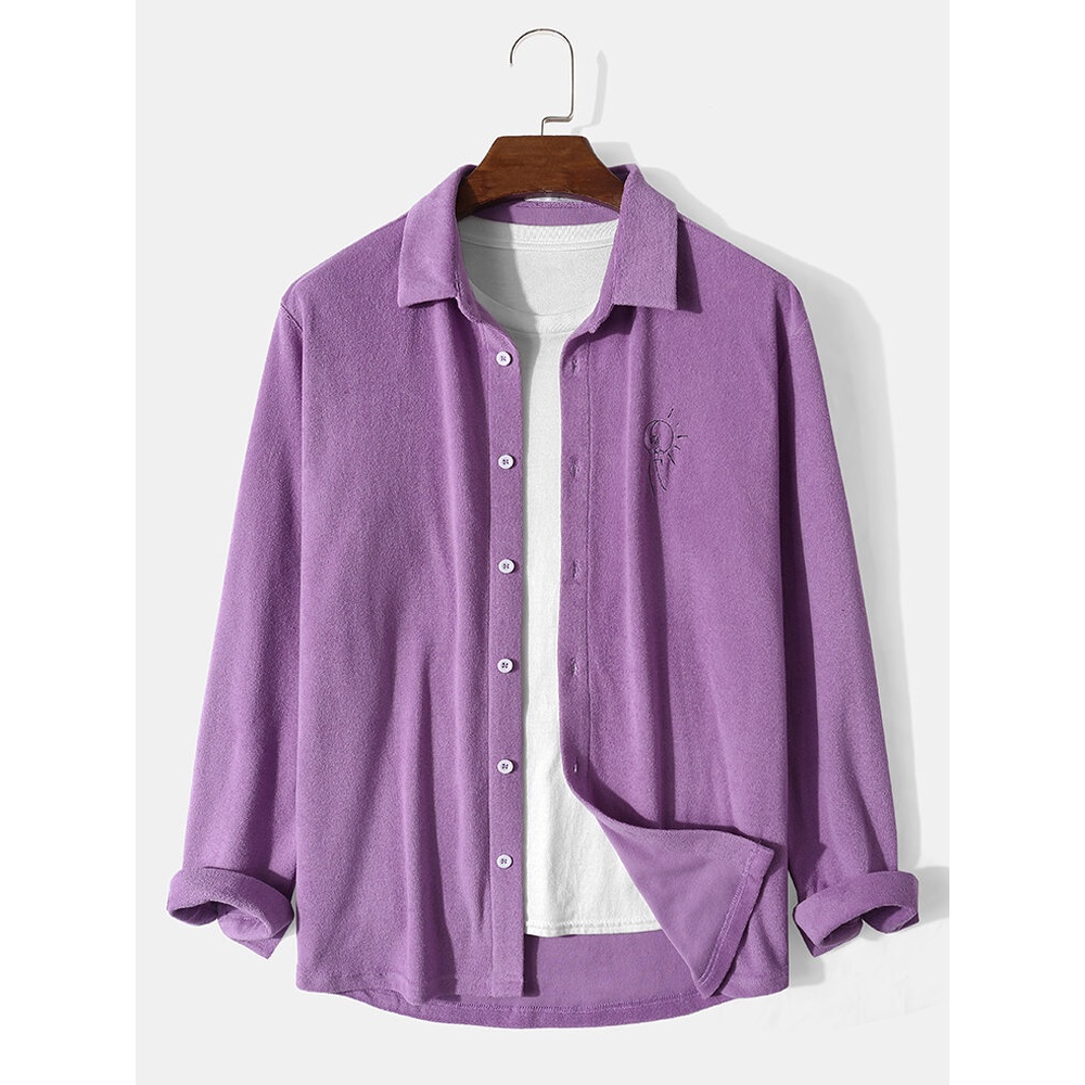 Men Cartoon Embroidered Long Sleeve Lapel Collar Casual Shirts - Purple S